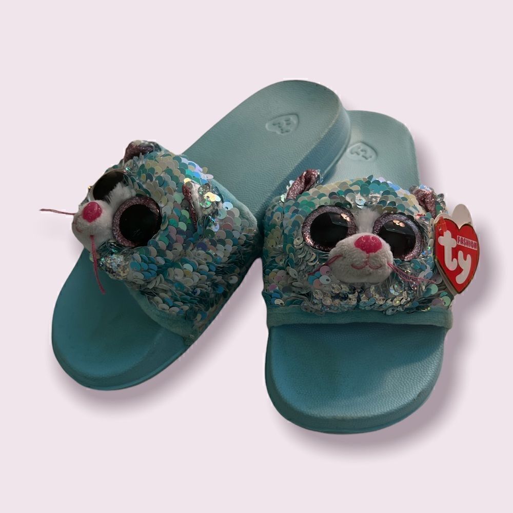 Ty Whimsy Cat Reversible Sequins Slide On Flip Flops Girls Size 1-3